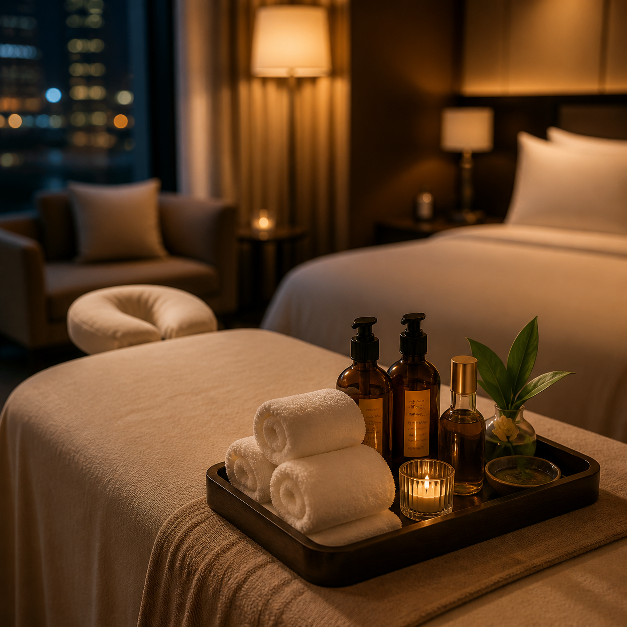 Prepared massage table with towels and oil bottles